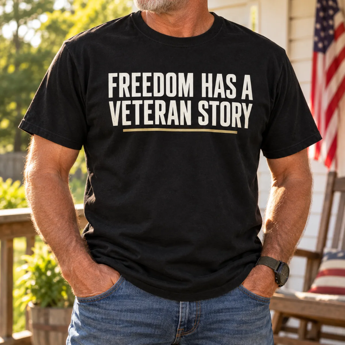Freedom Has a Veteran Story — lifestyle view — AI product mockup