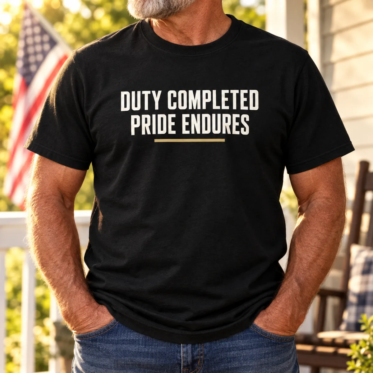 Duty Completed Pride Endures — lifestyle view — AI product mockup
