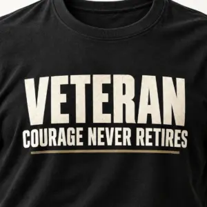 Veteran Courage Never Retires — detail view — AI product mockup