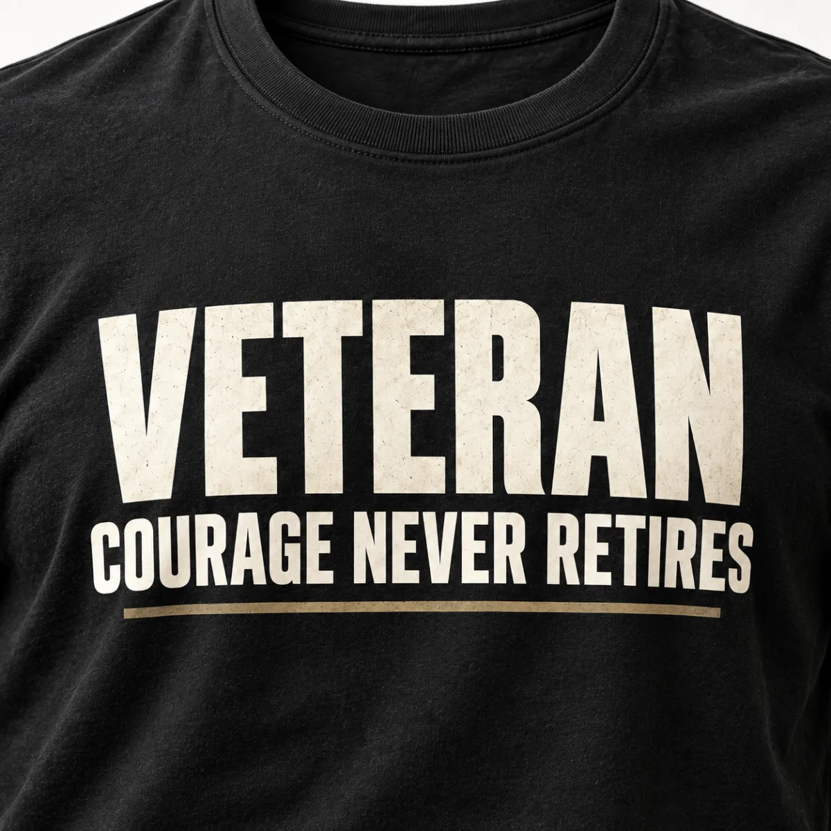 Veteran Courage Never Retires — detail view — AI product mockup