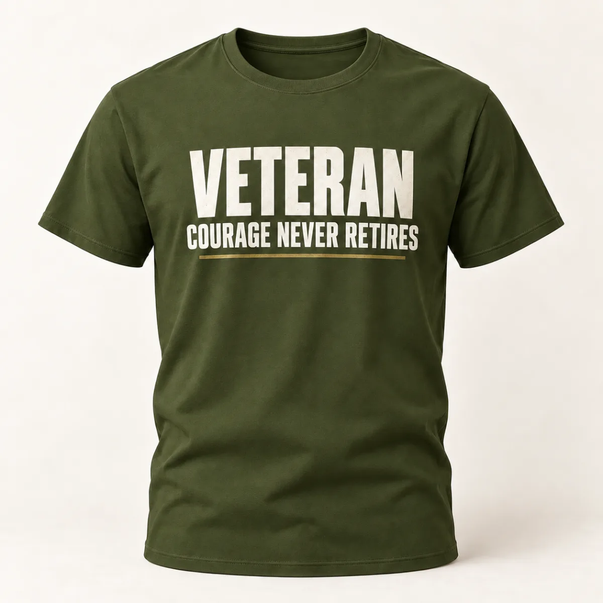Veteran Courage Never Retires — Military Green variant — AI product mockup