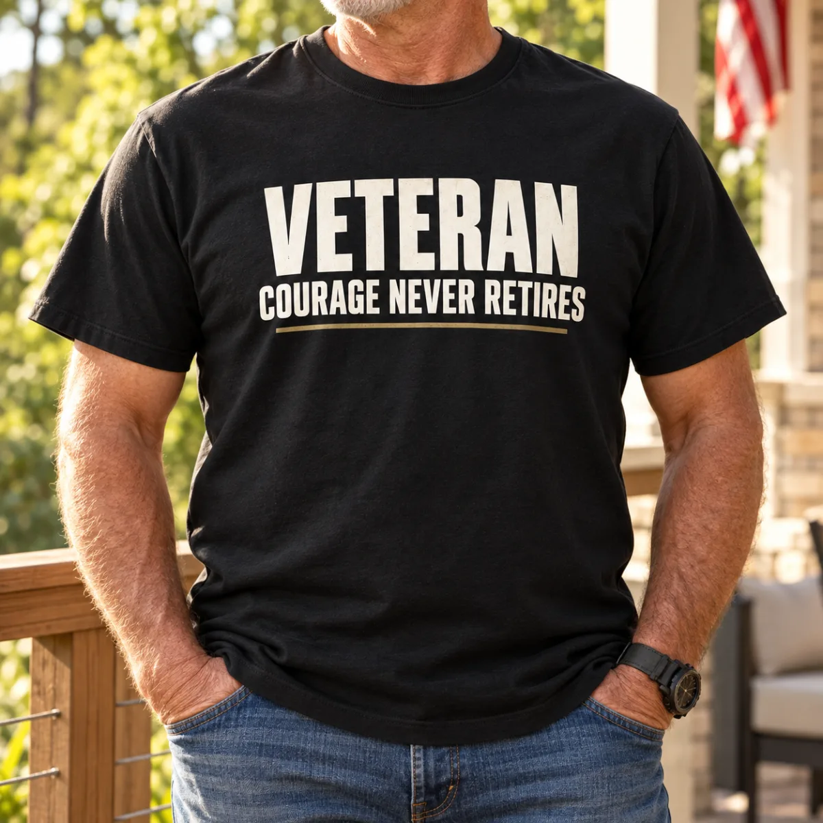 Veteran Courage Never Retires — lifestyle view — AI product mockup