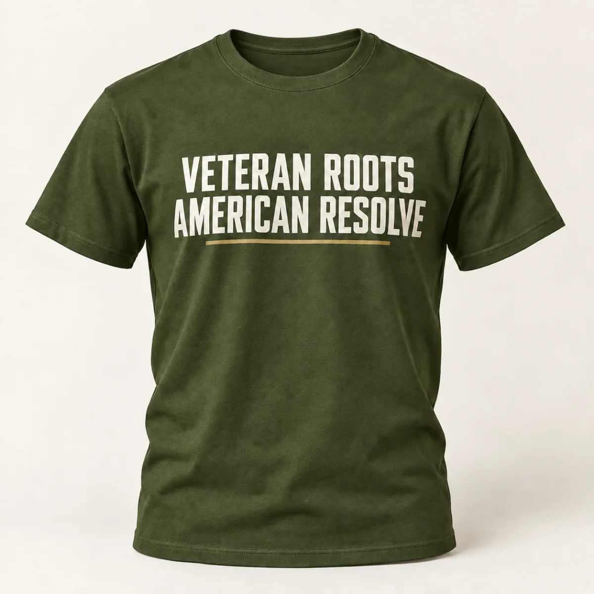 Veteran Roots American Resolve — Military Green variant — AI product mockup