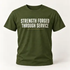 Strength Forged Through Service — Military Green variant — AI product mockup