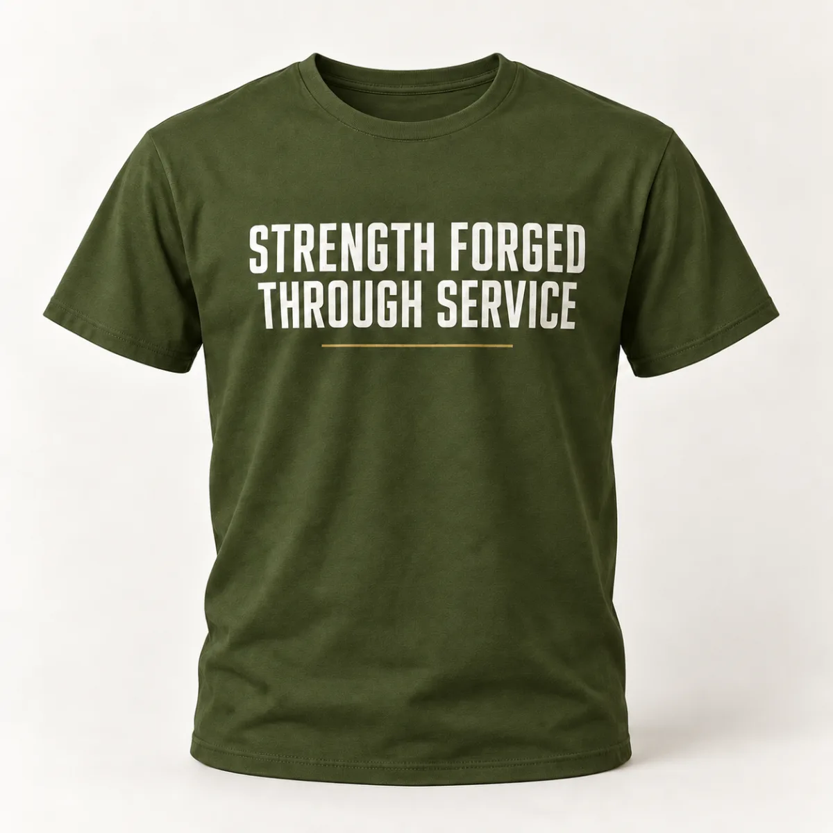 Strength Forged Through Service — Military Green variant — AI product mockup