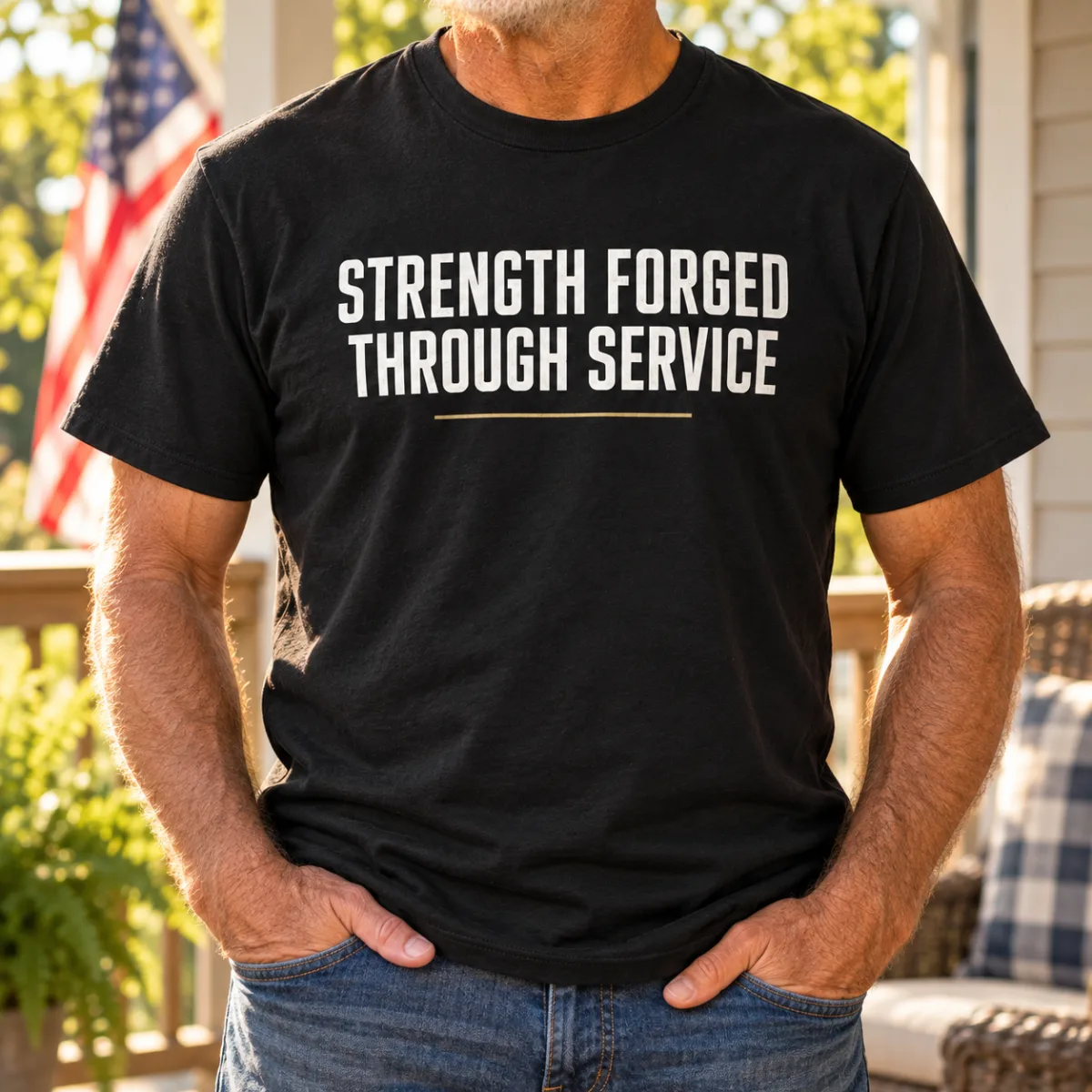Strength Forged Through Service — lifestyle view — AI product mockup