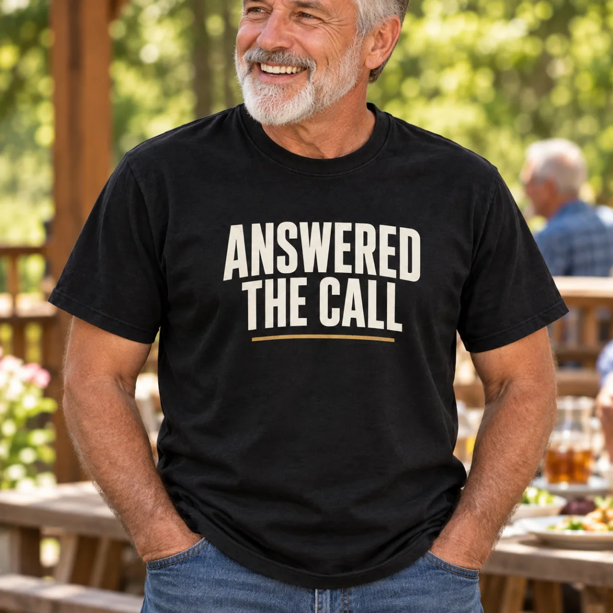 Answered the Call Veteran Tee — lifestyle view — AI product mockup