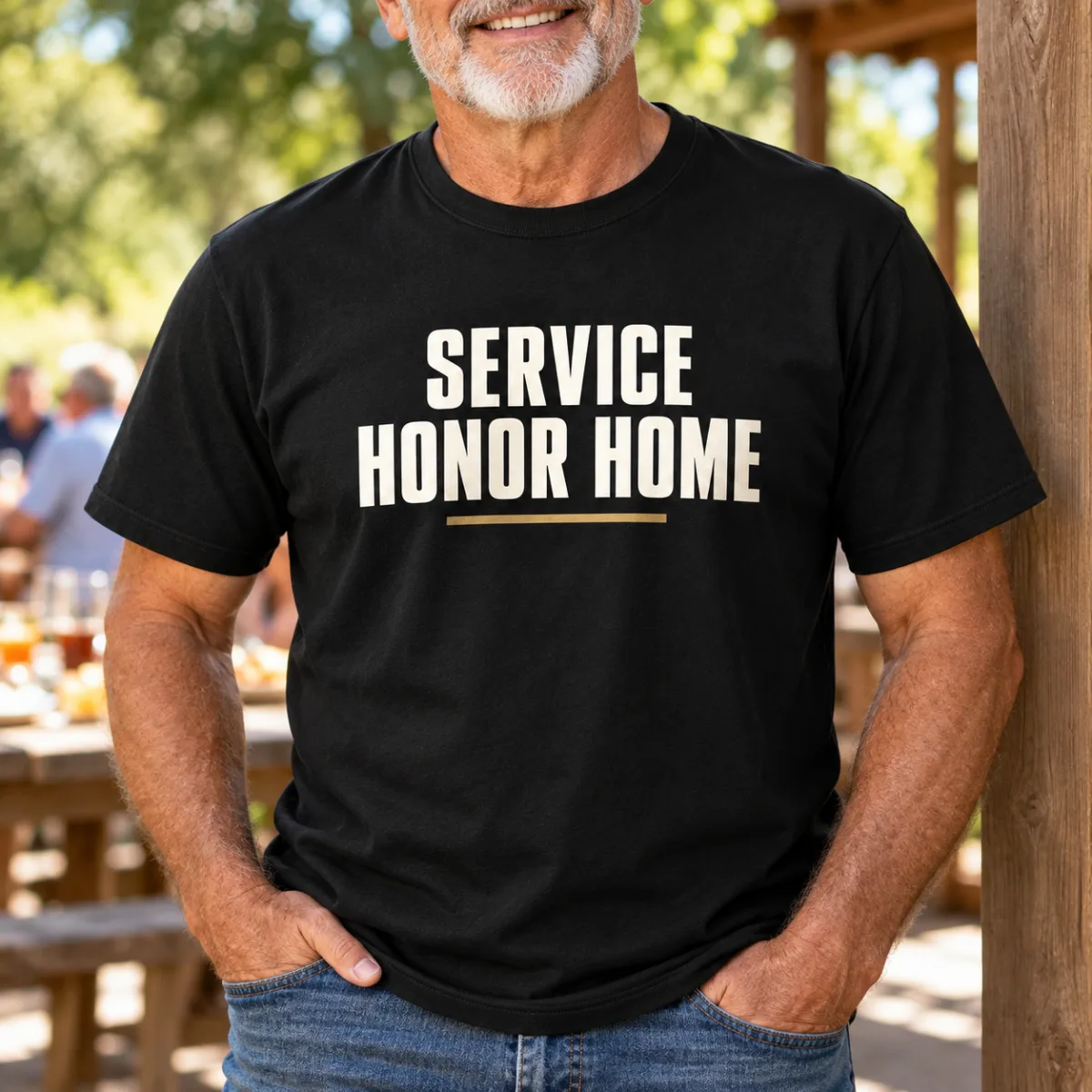 Service Honor Home Veteran Tee — lifestyle view — AI product mockup