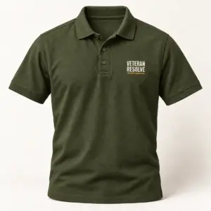 Veteran Resolve Reunion Polo — Military Green variant — AI product mockup