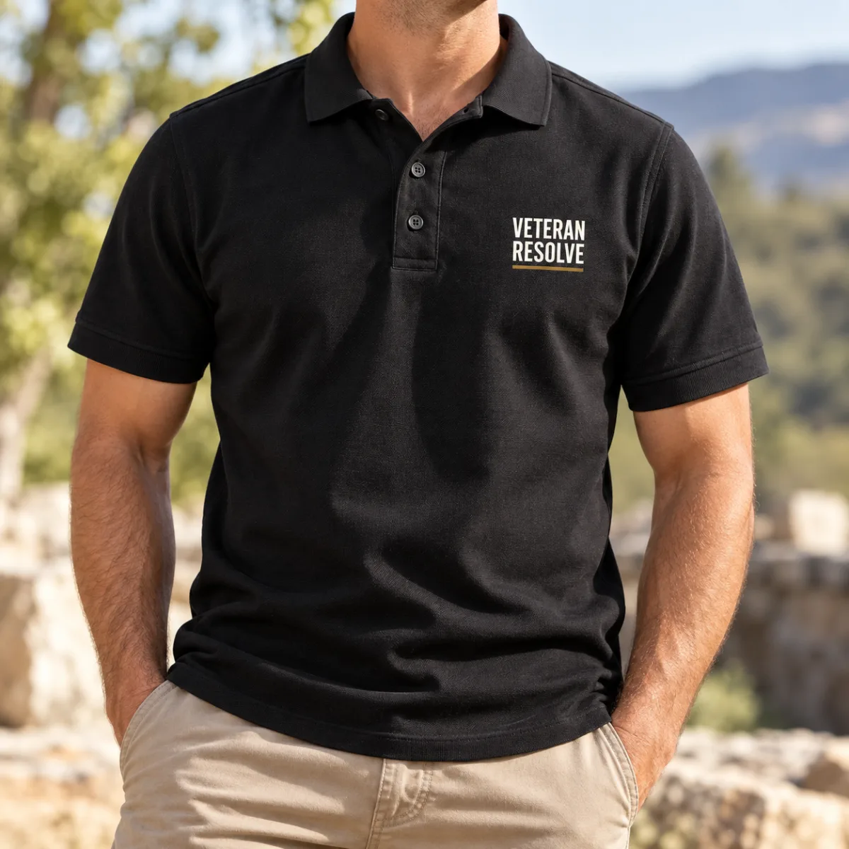 Veteran Resolve Reunion Polo — lifestyle view — AI product mockup