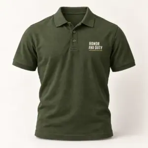 Honor and Duty Veteran Polo — Military Green variant — AI product mockup