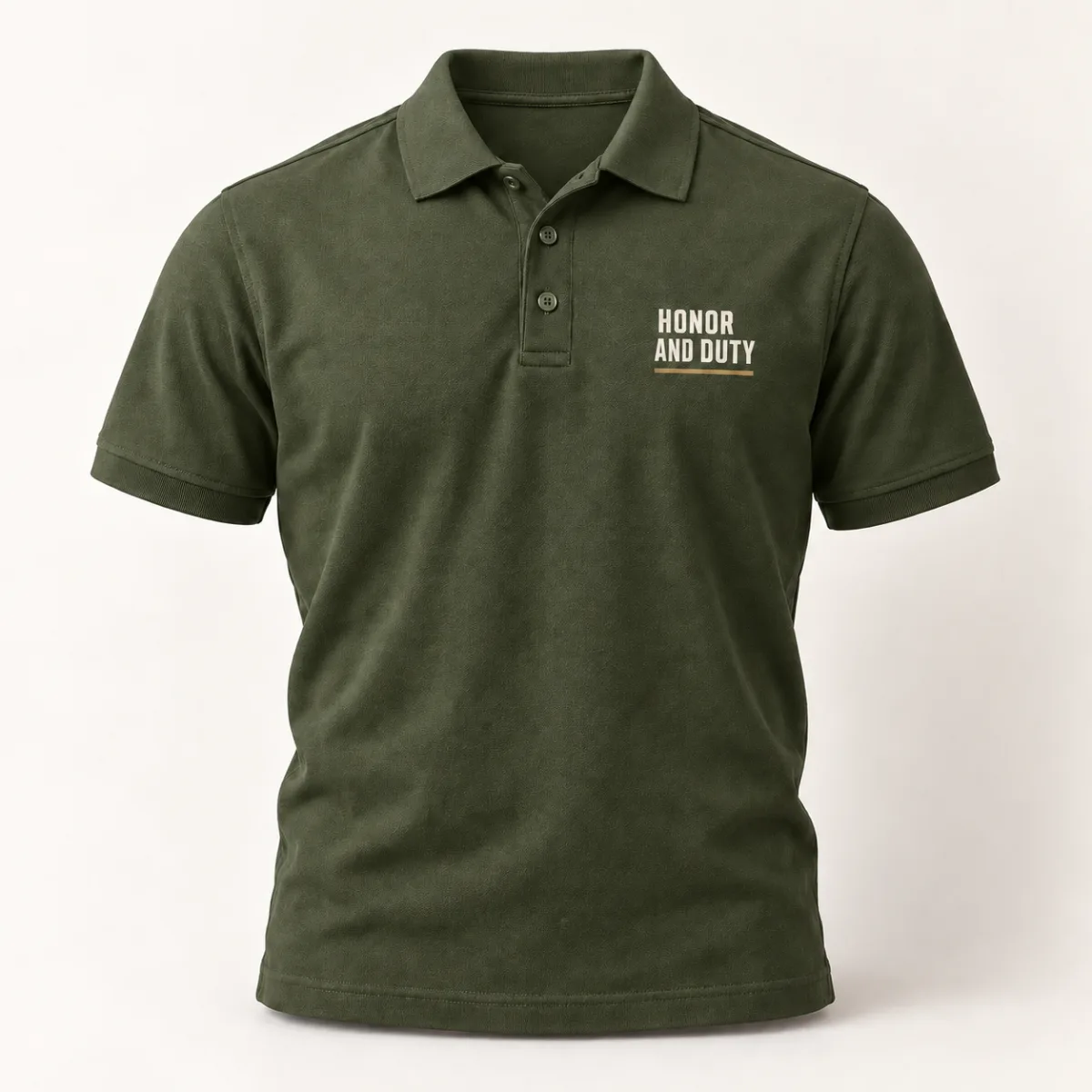 Honor and Duty Veteran Polo — Military Green variant — AI product mockup