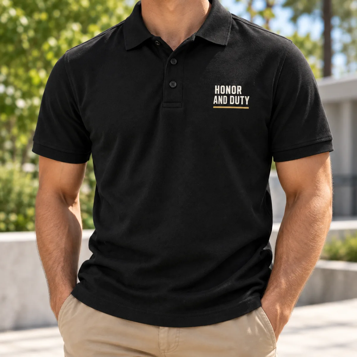Honor and Duty Veteran Polo — lifestyle view — AI product mockup