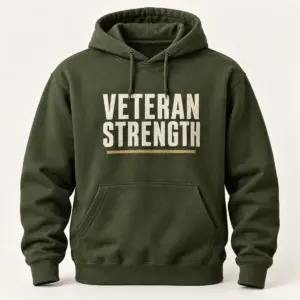Veteran Strength Pullover Hoodie — Military Green variant — AI product mockup