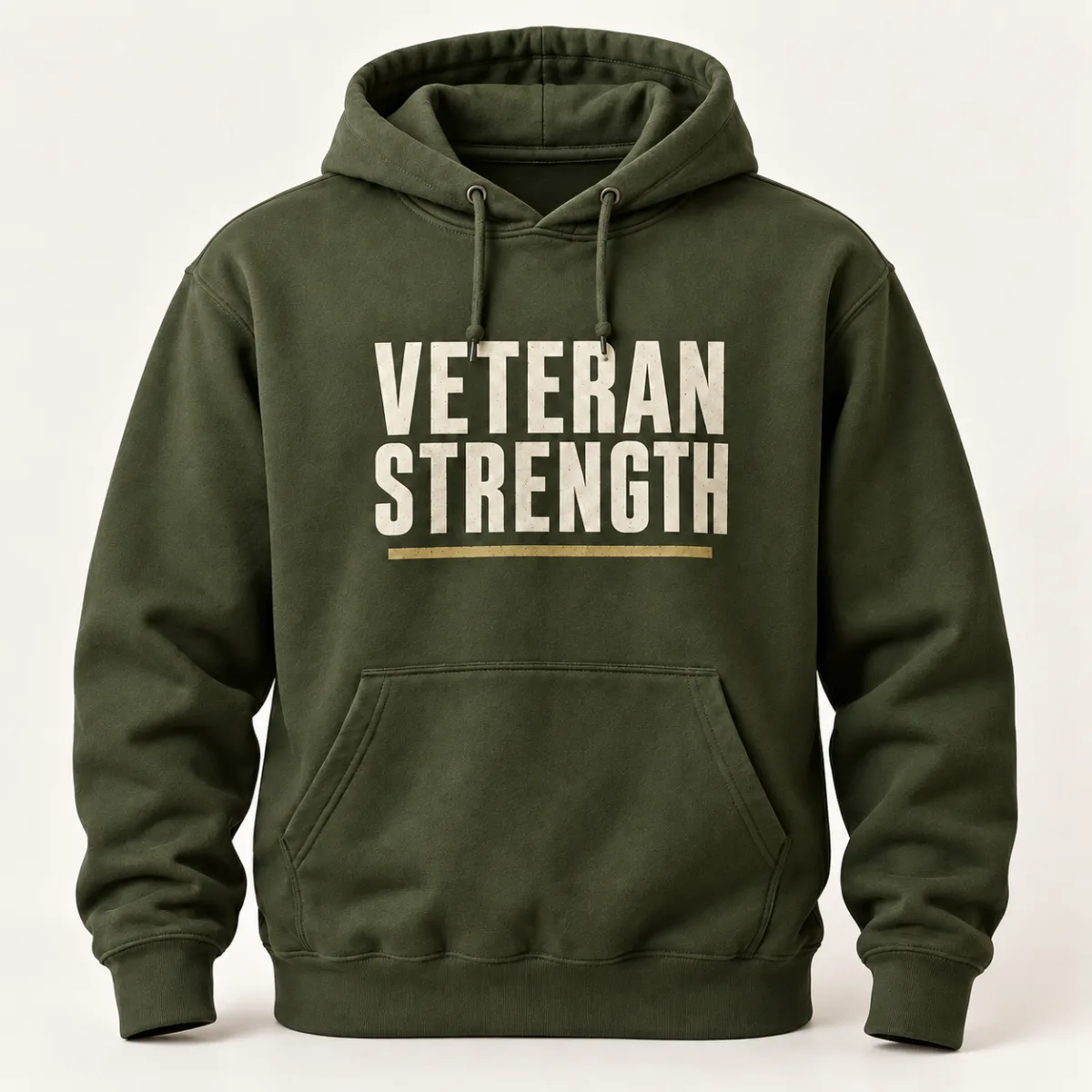 Veteran Strength Pullover Hoodie — Military Green variant — AI product mockup