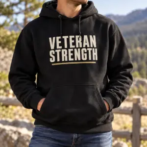 Veteran Strength Pullover Hoodie — lifestyle view — AI product mockup
