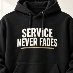 Service Never Fades Veteran Hoodie — detail view — AI product mockup