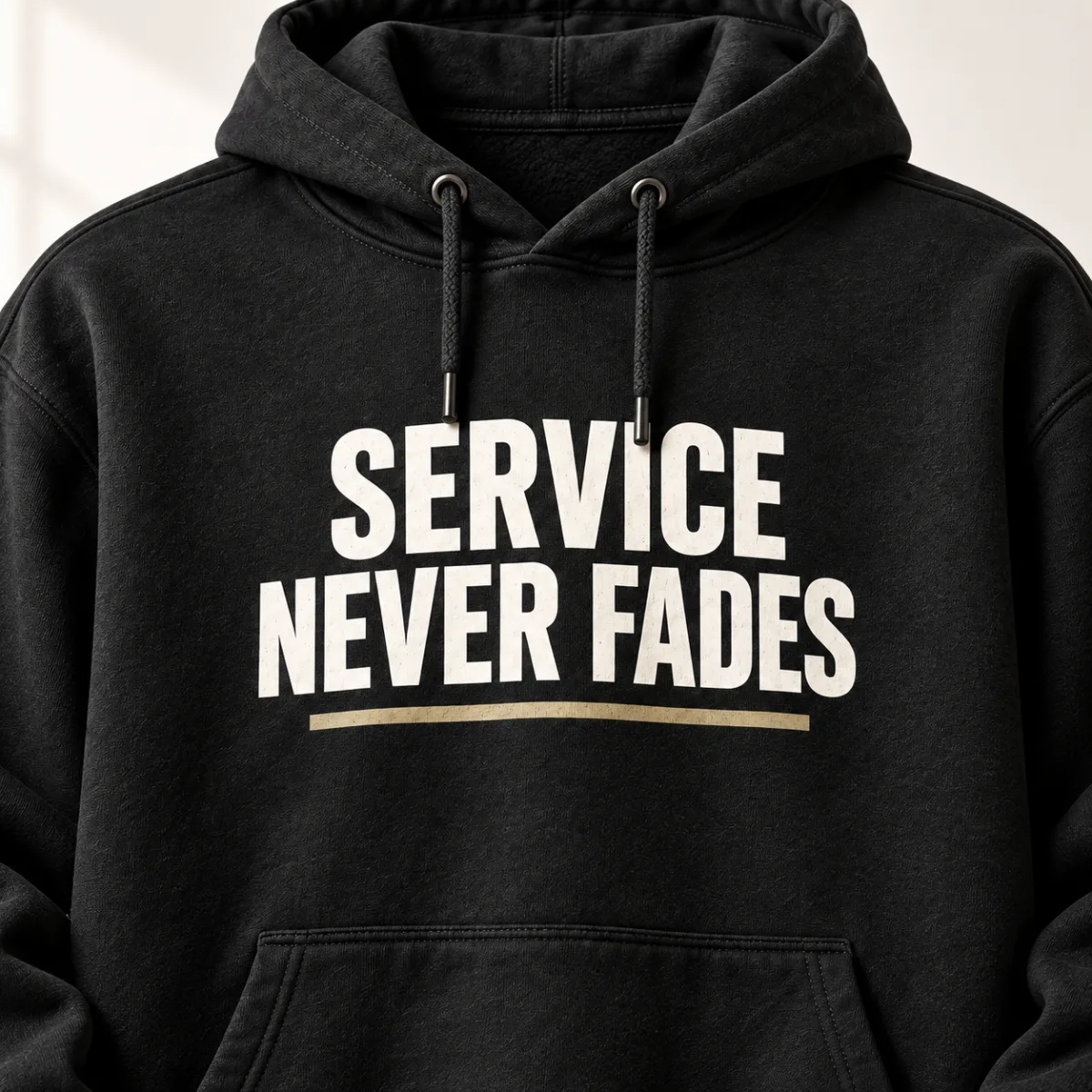 Service Never Fades Veteran Hoodie — detail view — AI product mockup