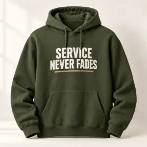 Service Never Fades Veteran Hoodie — Military Green variant — AI product mockup