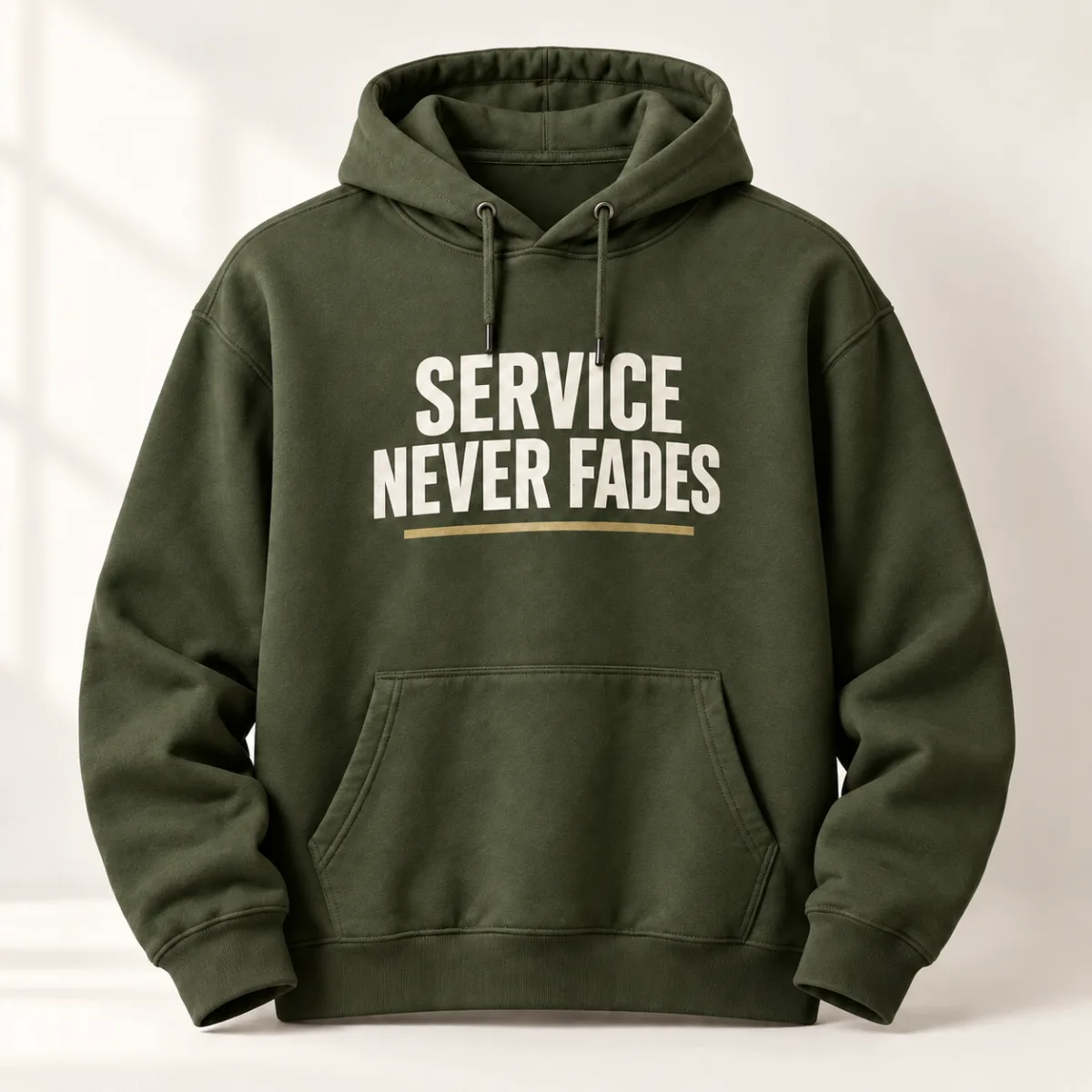Service Never Fades Veteran Hoodie — Military Green variant — AI product mockup
