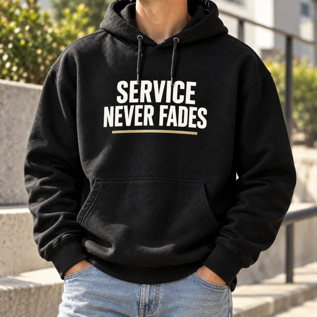 Service Never Fades Veteran Hoodie — lifestyle view — AI product mockup
