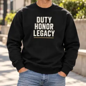 Duty Honor Legacy Sweatshirt — lifestyle view — AI product mockup