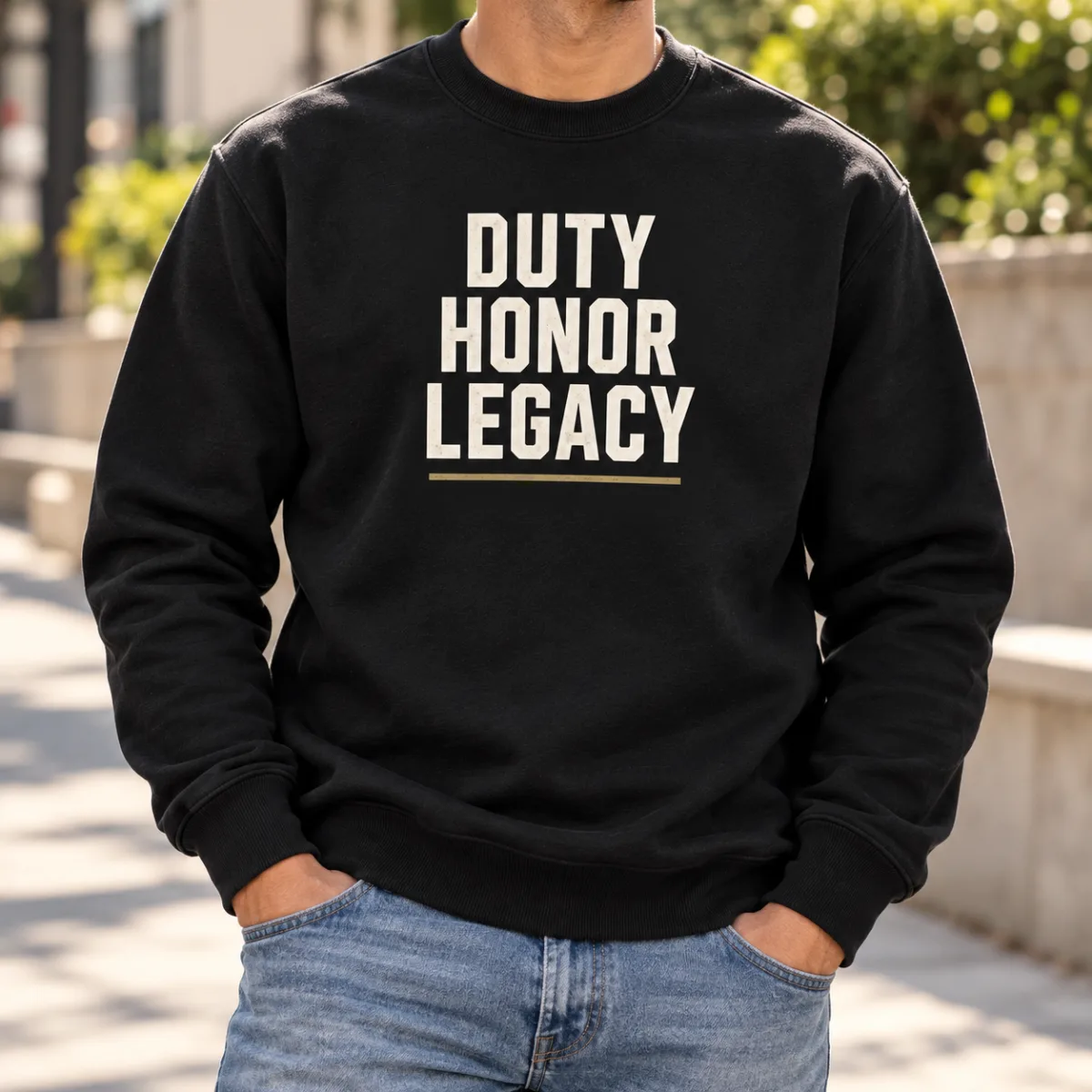 Duty Honor Legacy Sweatshirt — lifestyle view — AI product mockup