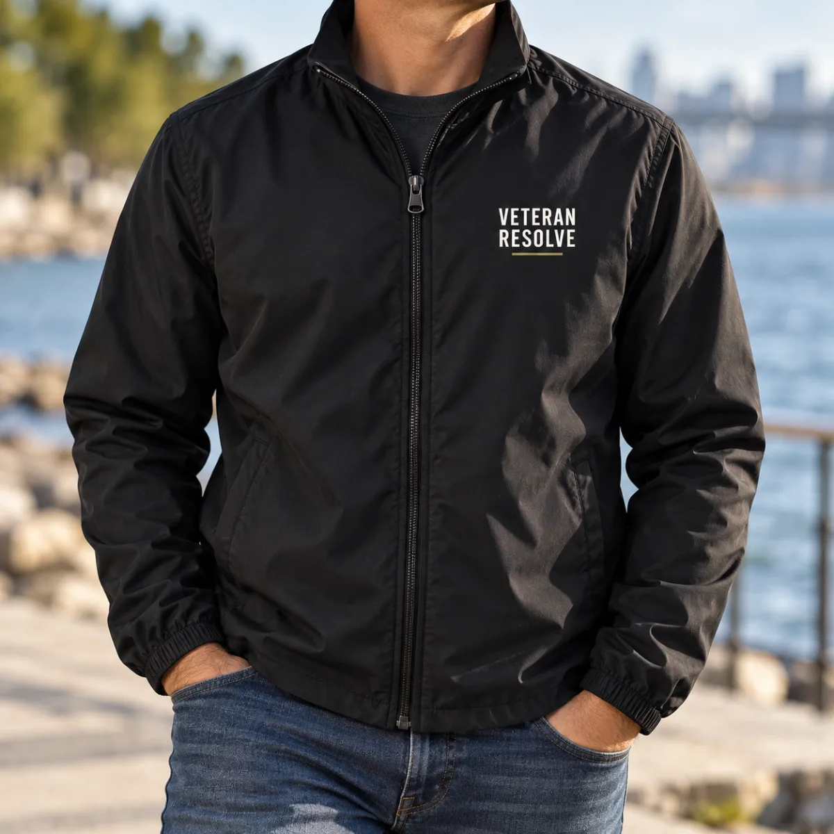 Veteran Resolve Everyday Jacket — lifestyle view — AI product mockup