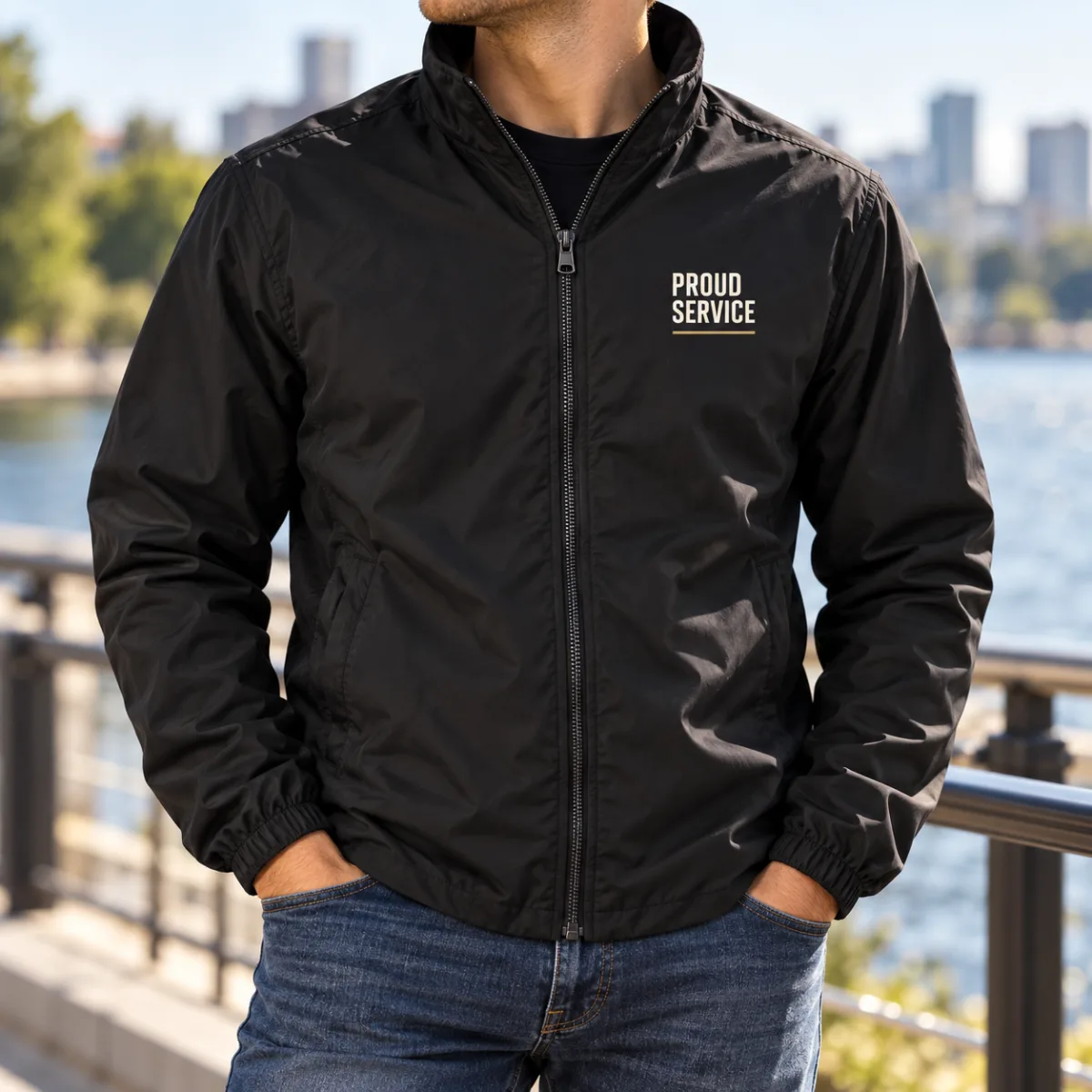 Proud Service Lightweight Jacket — lifestyle view — AI product mockup