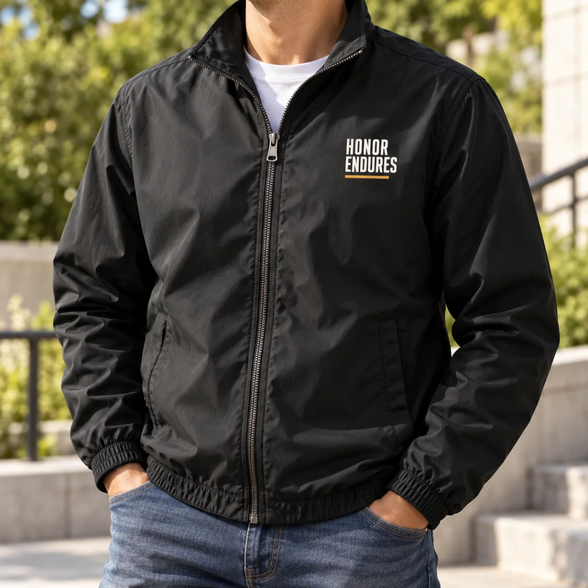 Honor Endures Veteran Jacket — lifestyle view — AI product mockup