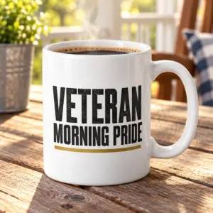 Veteran Morning Pride Coffee Mug — lifestyle view — AI product mockup