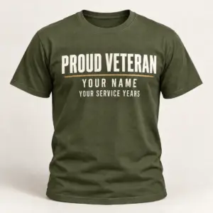Personalized Veteran Name and Years Tee — Military Green variant — AI product mockup