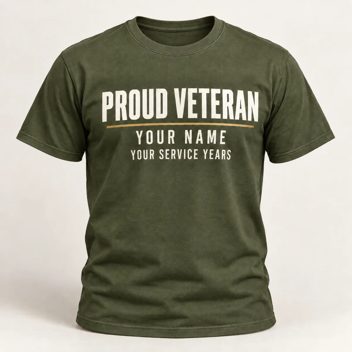 Personalized Veteran Name and Years Tee — Military Green variant — AI product mockup
