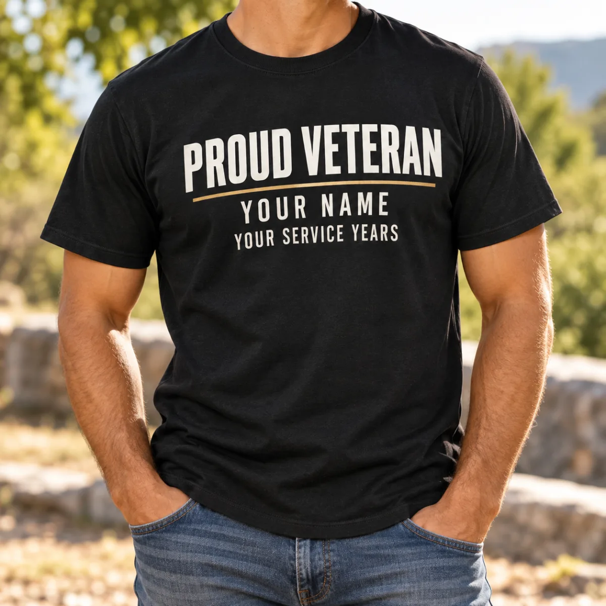 Personalized Veteran Name and Years Tee — lifestyle view — AI product mockup